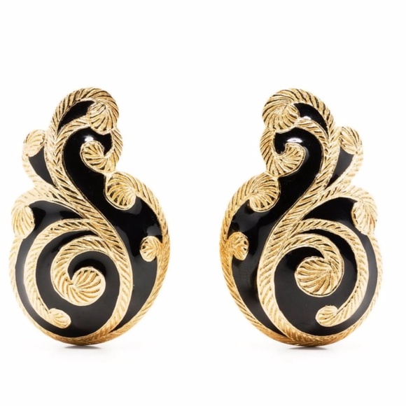 Unique CHRISTIAN DIOR Art Nouveau Large Black Onyx Enamel Earrings - Picture 1 of 4